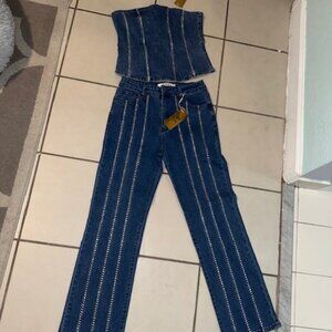 2 Piece Bedazzled Jean set with a Strapless top Sz M by Lizette Collection